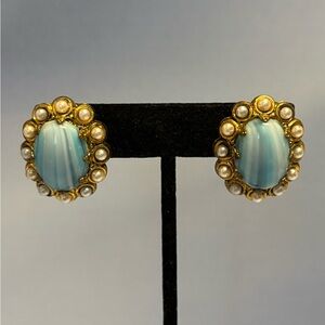 W.Germany Brass Faux Pearl & Glass Clip Earrings 1”